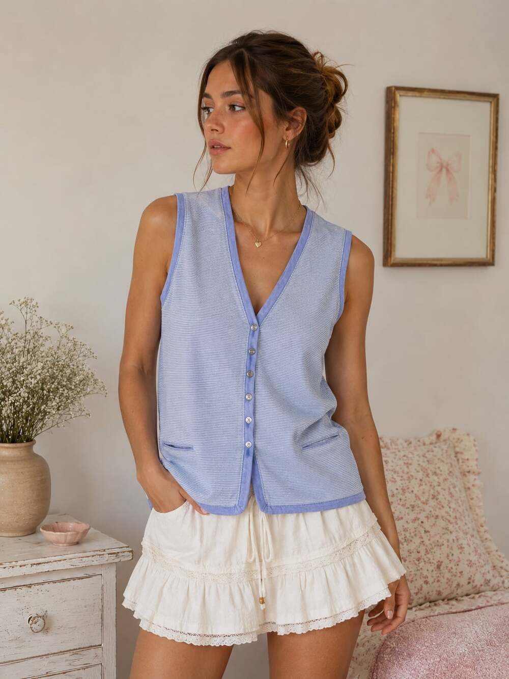 J. Jill XL Blue Stripe Button Front Sweater Vest Bamboo Cotton Lightweight